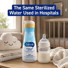 Enfamil sterilized water bottle displayed next to a baby bottle on a wooden table in a nursery setting, with a plush cloud toy and a blue text banner reading 'The Same Sterilized Water Used in Hospitals'.