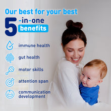 Our best for your best. 5-in-one benefits: Immune health, Gut health, Motor skills, Attention span, Communication development