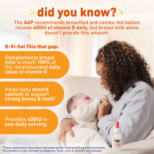 did you know? The AAP recommends breastfed and combo-fed babies receive 400IU of vitamin D daily, but breast milk alone doesn't provide this amount.