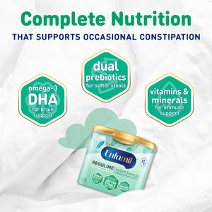 Complete Nutrition that supports occasional constipation. Omega-3 DHA for brain support, dual prebiotics for softer stools, vitamins & minerals for immune support
