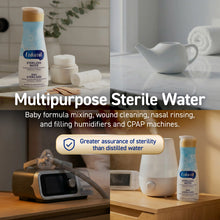 A four-panel promotional collage for Enfamil Multipurpose Sterile Water, showing the product bottle and jars in a clean bathroom-like setting alongside uses such as baby formula mixing, wound cleaning, nasal rinsing, and humidifier/filling applications. Large text reads 'Multipurpose Sterile Water' with a badge saying 'Greater assurance of sterility than distilled water.