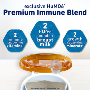 exclusive HuMO6 Premium Imune Blend; 2 immune supporting vitamins, 2 HUMOs found in breast milk & 2 growth supporting minerals