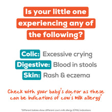 Is your little one experiencing any of the following? Colic: Excessive crying. Digestive: Blood in stools. Skin: Rash & eczema. Check with your baby's doctor as these can be indications of cow's milk allergy. Different babies show different cow's milk allergy (CMA) indications.