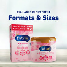 Enfamil A.R. Added Rice Infant Formula packaging with text about different formats and sizes.