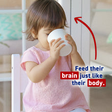 Child drinking from a cup with text about feeding the brain.