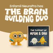 Enfamil NeuroPro with Brainy and a chalkboard on a beige background