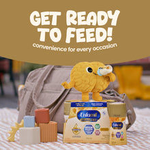[32493349175358][32493349142590]Enfamil baby formula packaging with Brainy and blocks on a blanket, with text 'Get Ready to Feed! Convenience for every occasion' on a brown background.