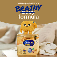 Enfamil NeuroPro baby formula container with Brainy on top, against a neutral background.