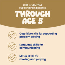 Text on a beige background about DHA, MFGM, and their benefits for brain development through age 5.
