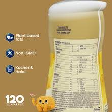 [32493349077054][32493349109822]Container with nutritional information and certification icons on a brown background
