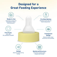 A baby bottle nipple and base set on a light beige background with marketing text and icons. The nipple is transparent and the base is ribbed pale yellow.