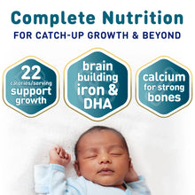 Newborn baby lying down with text about complete nutrition, brain building, iron, DHA, and calcium.