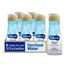[51281765630133]A pack of six Enfamil sterilized water bottles in a cardboard tray, with one bottle standing upright in front. The bottles are light blue with white caps and labels, and the packaging is white and blue.