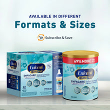 Enfamil NeuroPro infant formula packaging with text about different formats and sizes on a light blue background.