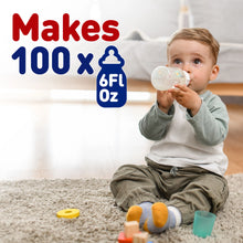 [42252475105461]Child holding a bottle with text indicating it makes 100 bottles of 6FL OZ.