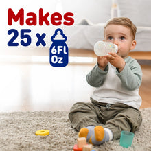 [42252541395125]Child holding a bottle with text indicating it makes 25 bottles of 6FL Oz.