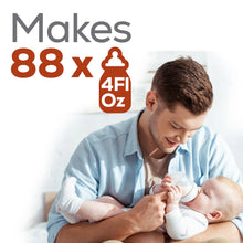 [49668597450]Man holding a baby and a bottle with text indicating product capacity.