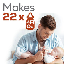 [49668597514]Man holding a baby and a bottle with text indicating product capacity.