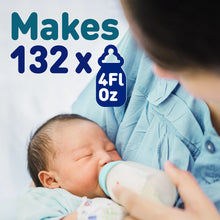 [39656421195957]Person holding a baby and a bottle with text indicating quantity, against a light background