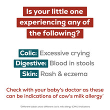 Is your little one experiencing any of the following? Colic: Excessive crying. Digestive: Blood in stools. Skin: Rash & eczema. Check with your baby's doctor as these can be indications of cow's milk allergy. Different babies show different cow's milk allergy (CMA) indications.