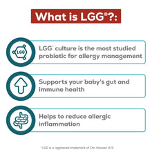 What is LGG? LGG culture is the most studied probiotic for allergy management. Supports your baby's gut and immune health. Helps to reduce allergic inflammation.