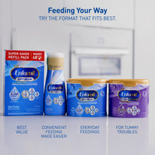 Enfamil Optimum products including a box, can, and bottles on a white background.