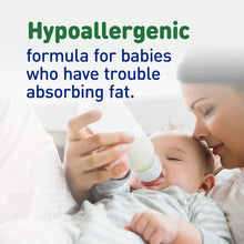 Woman holding a baby and bottle with text about hypoallergenic formula.