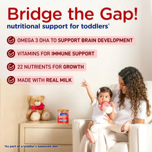 Advertisement for nutritional support for toddlers with a woman and child in a living room setting.
