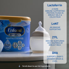 Enfamil Optimum baby formula container with a bottle on a gray background