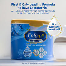 Enfamil Optimum infant formula can with text about Lactoferrin on a light background
