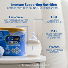 Enfamil Optimum baby formula packaging with a bottle on a white surface, featuring immune supporting nutrition components.