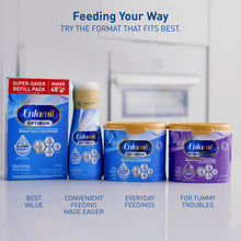 Enfamil Optimum products including a box, can, and bottles on a white background.