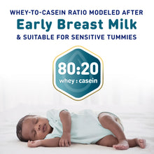Baby lying on a white surface with text about whey-to-casein ratio and suitability for sensitive tummies.