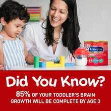 Woman and child playing with colorful blocks, Enfamil and Nuk products in the background.
