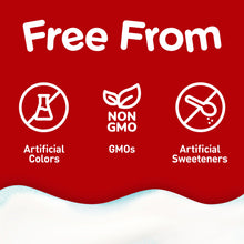 Red background with white text and icons indicating 'Free From' artificial colors, GMOs, and artificial sweeteners.