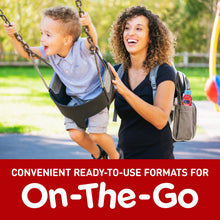 Woman pushing a child on a swing with text about convenient formats for 'On-The-Go'.