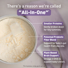 There's a reason we're called "All-In-One"*
Smaller Proteins; Gently broken down for tiny tummies.
Patented Prebiotic Fiber Blend; Support for baby's gut health from day one.
Plant-Based Brain Support; Omega-3 DH to support baby's brain.

*For fussiness, crying, gas & spit-up