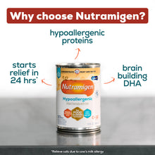 Can of Nutramigen formula with text highlighting benefits on a gray background