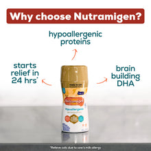 Nutramigen bottle with text highlighting benefits on a white background