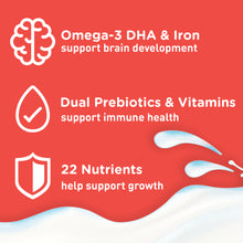 Omega-3 DHA & Iron support brain development | Dual Prebiotics & Vitamins support immune health | 22 Nutrients help support growth