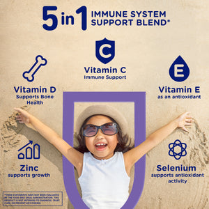 5 in 1 Immune system support blend | Zinc supports growth | Vitamin D supports bone health | Vitamin C immune support | Vitamin E as an antioxidant | Selenium supports antioxidant activity